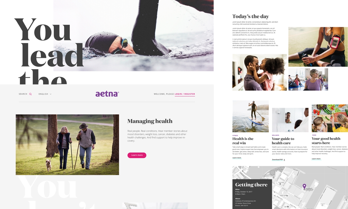 Aetna webpages collage - person swimming, couple walking, various stills of people in everyday life