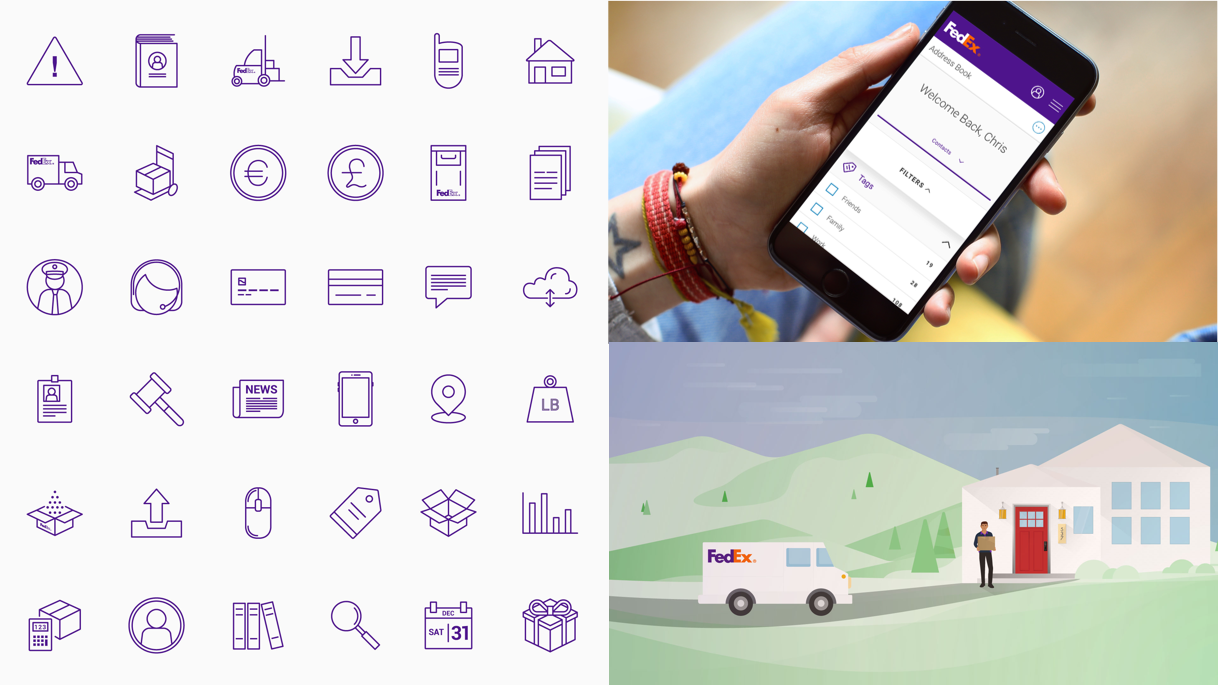 FedEx brand overview with logos, mobile app usage, brand illustration of delivery truck delivering a package at a house