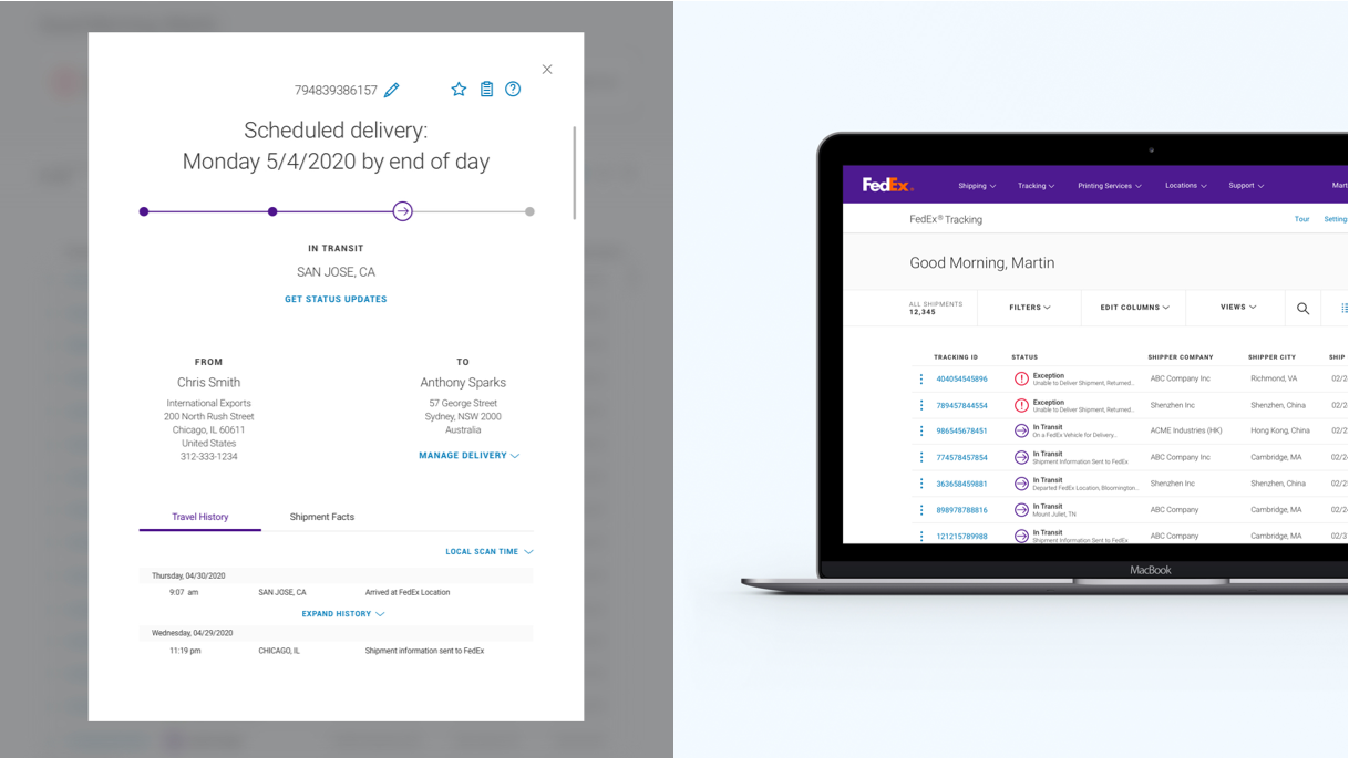 FedEx shipping digital funnel with delivery page and tracking index page