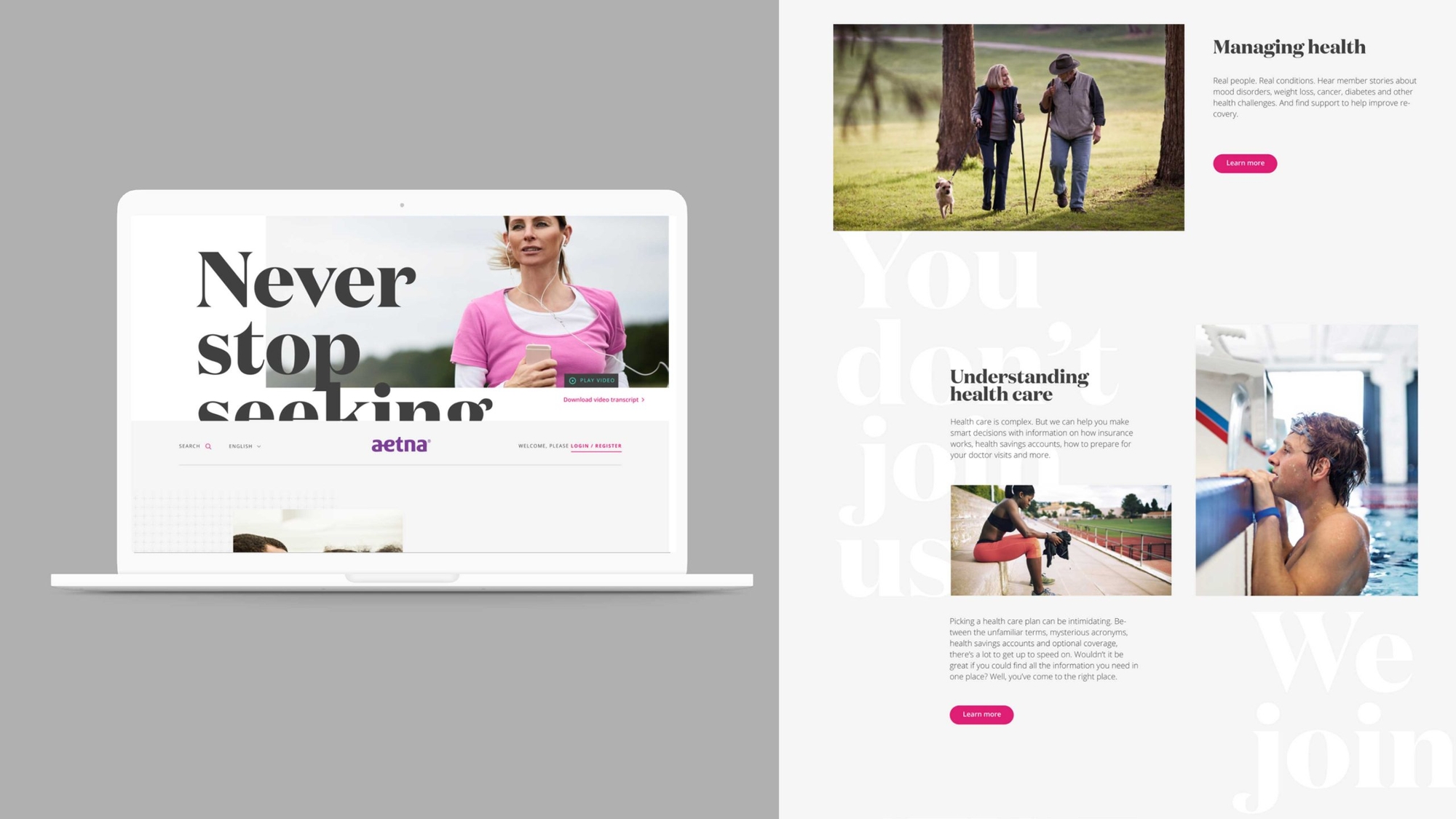 Aetna desktop and laptop website design layouts - woman running - people exercising - couple walking