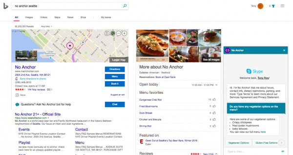 Bing search results page and No Anchor restaurant chat bot